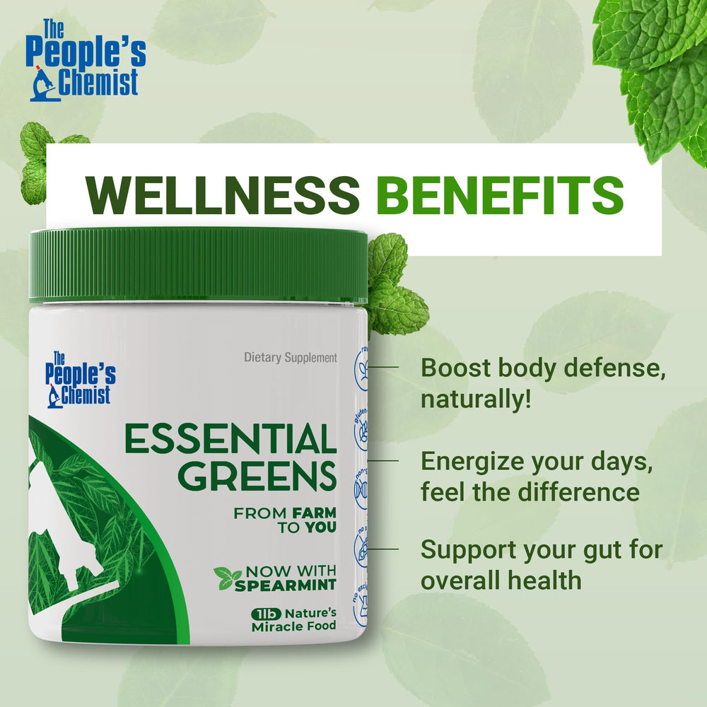 People's Chemist Essential Greens organic label highlights non-GMO, pesticide-free nutrition