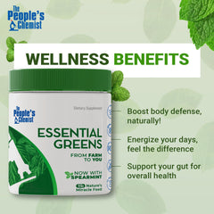People's Chemist Essential Greens organic label highlights non-GMO, pesticide-free nutrition