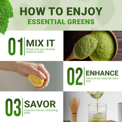 People's Chemist Essential Greens shake in a glass, ready for on-the-go wellness