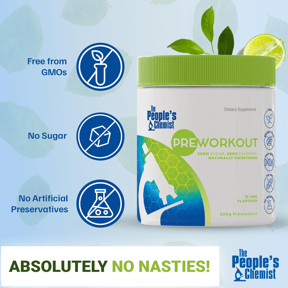 People's Chemist Pre-Workout Lime powder dissolving in water for clean energy.