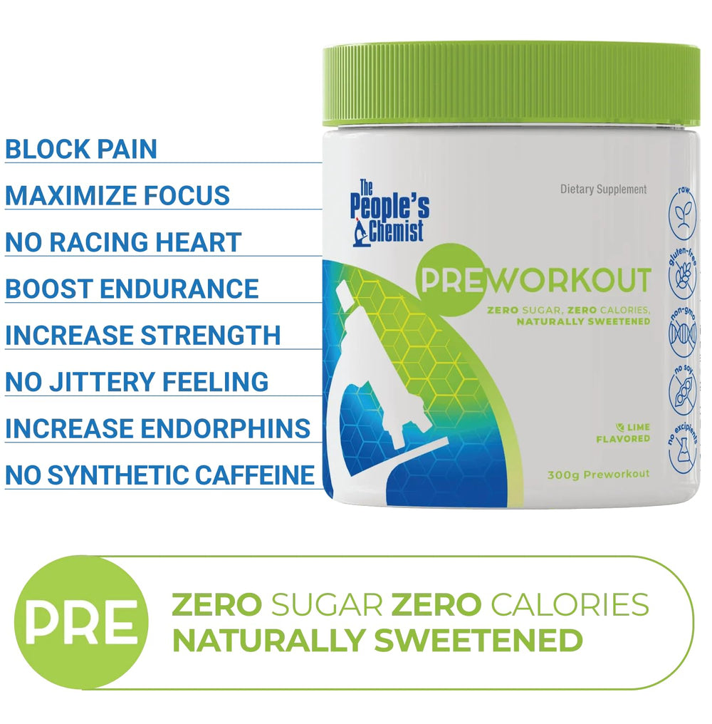 People's Chemist Pre-Workout Lime packaging showing zero sugar and no artificial ingredients.