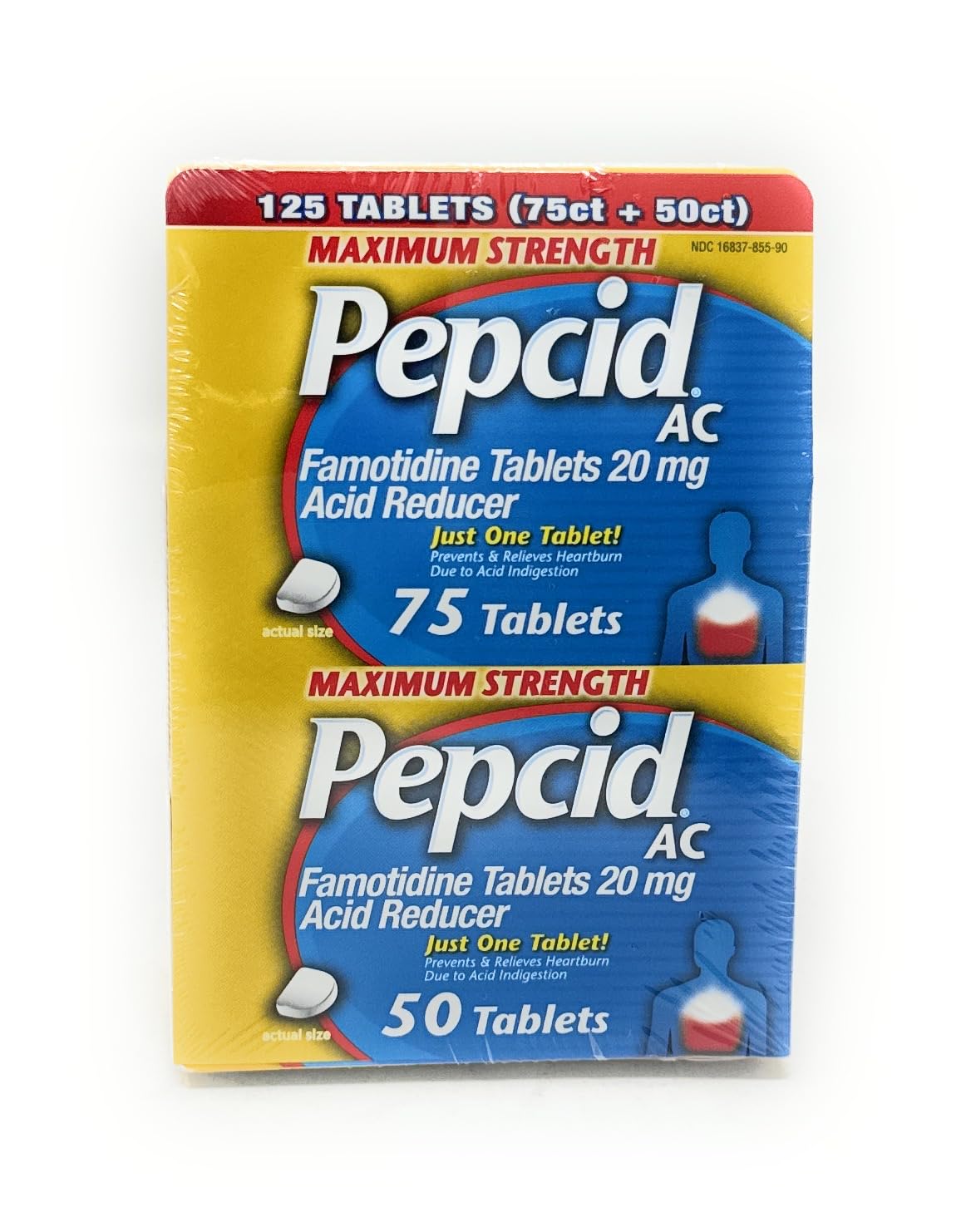 Pepcid AC bottle front shows accessible packaging for heartburn relief