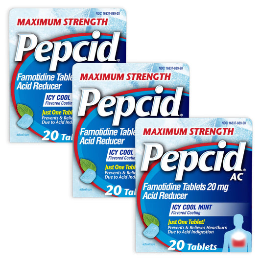 Pepcid AC maximum-strength tablets in a box front, ready for fast heartburn relief