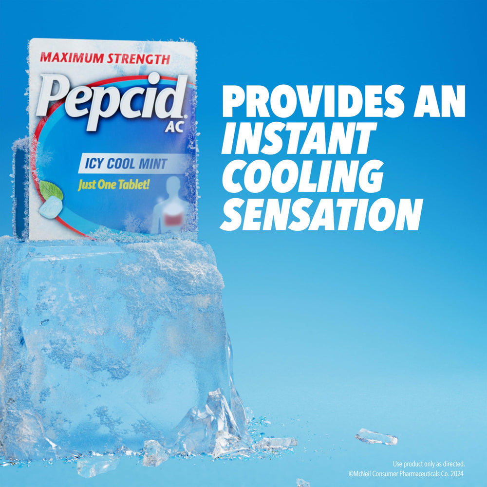 Pepcid AC tablet with icy cool mint coating shown up close