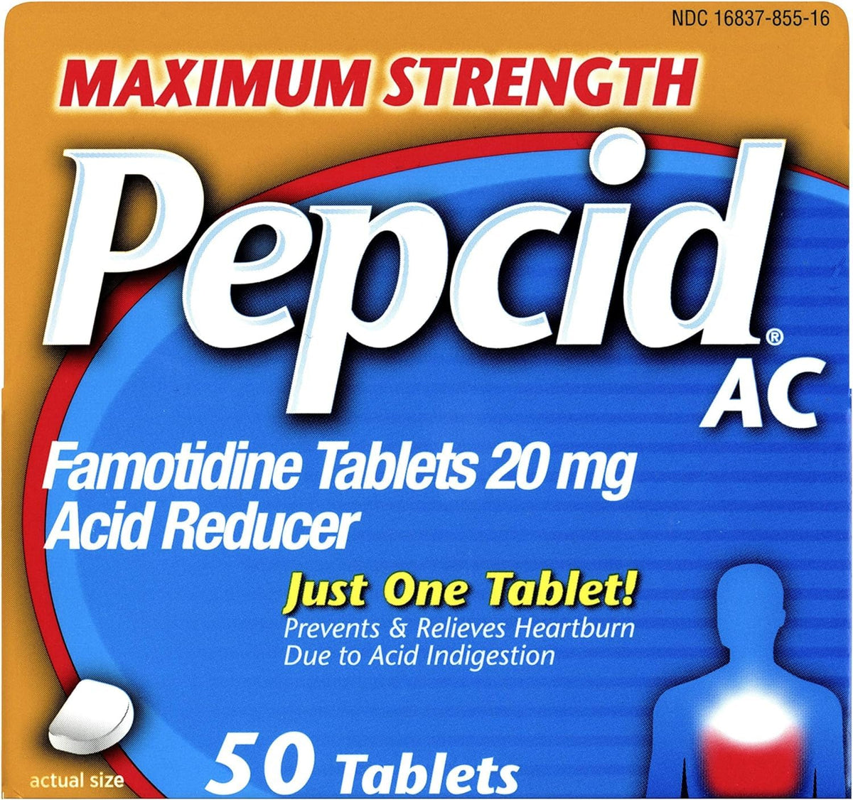 Pepcid AC Maximum Strength tablets in bottle for strong, on-hand relief