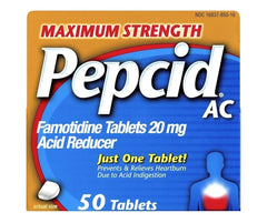 Pepcid AC bottle with maximum-strength tablets for fast acid relief