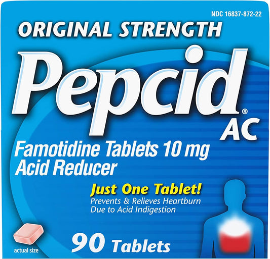 Pepcid AC Original Strength tablets in pack front for fast heartburn relief.