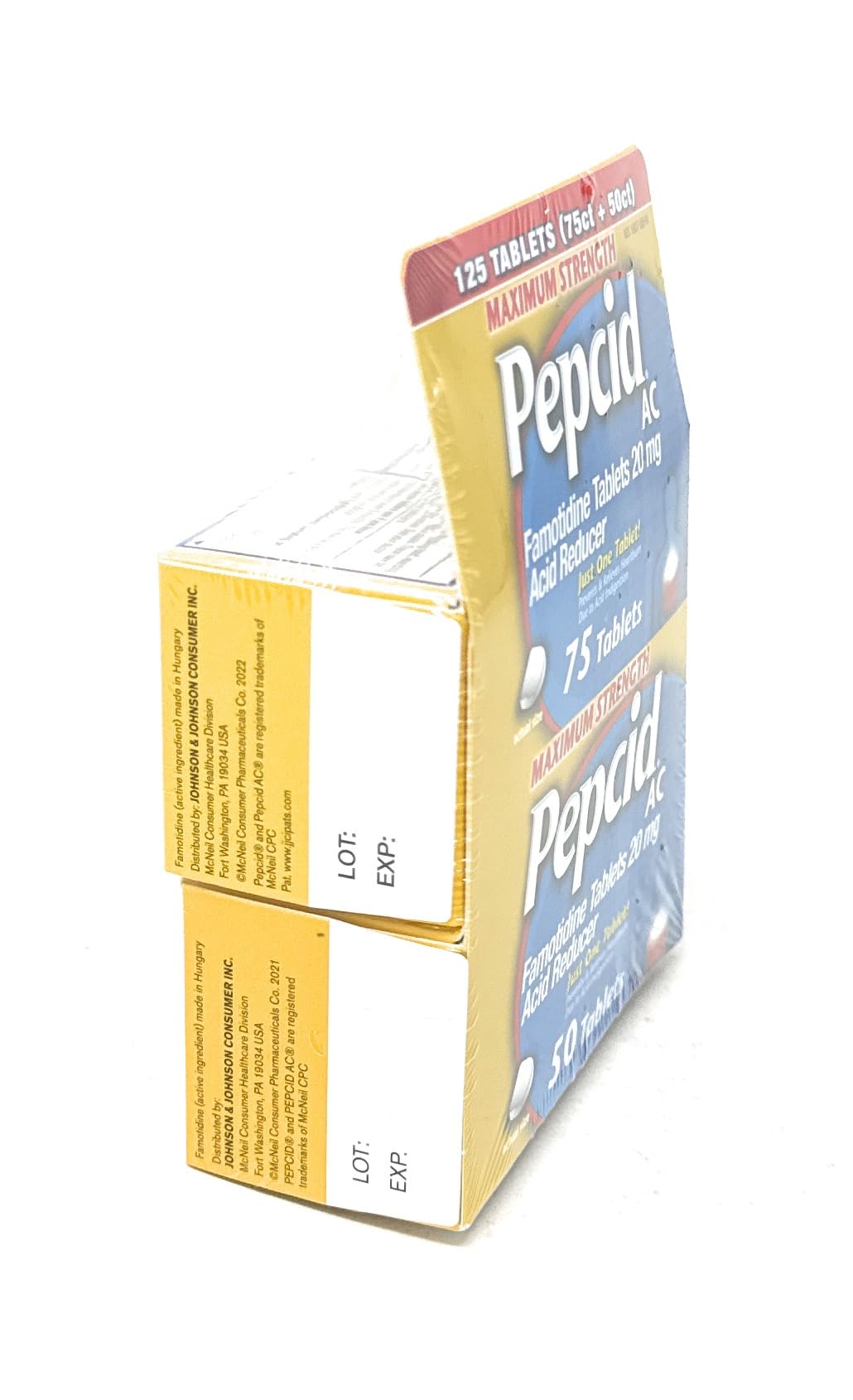 Pepcid AC tablets closeup highlighting 20 mg famotidine
