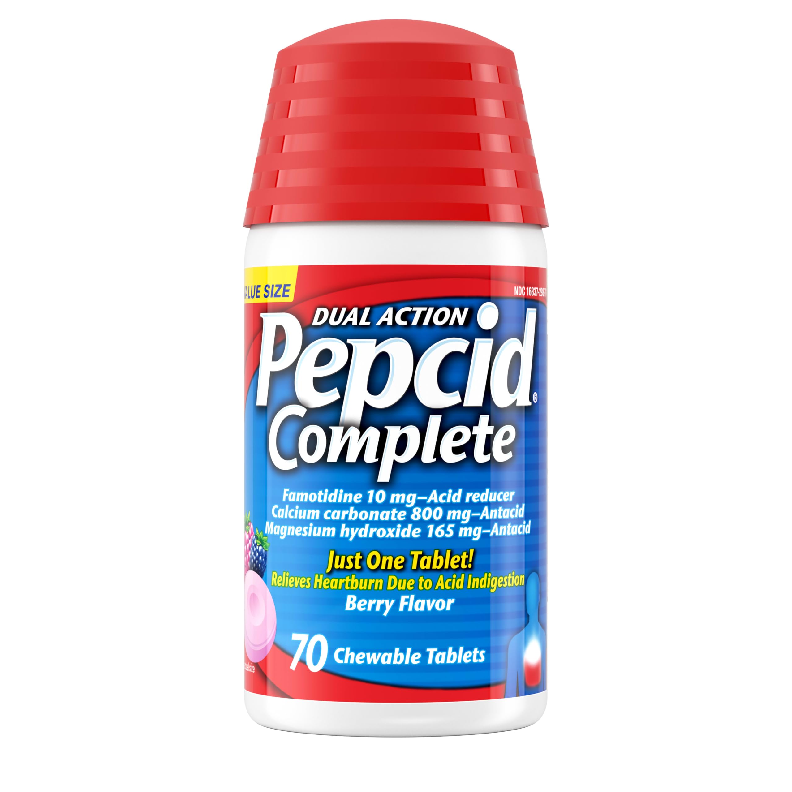 Pepcid Complete berry chewable tablets—70 count bottle for fast, on-the-go relief.