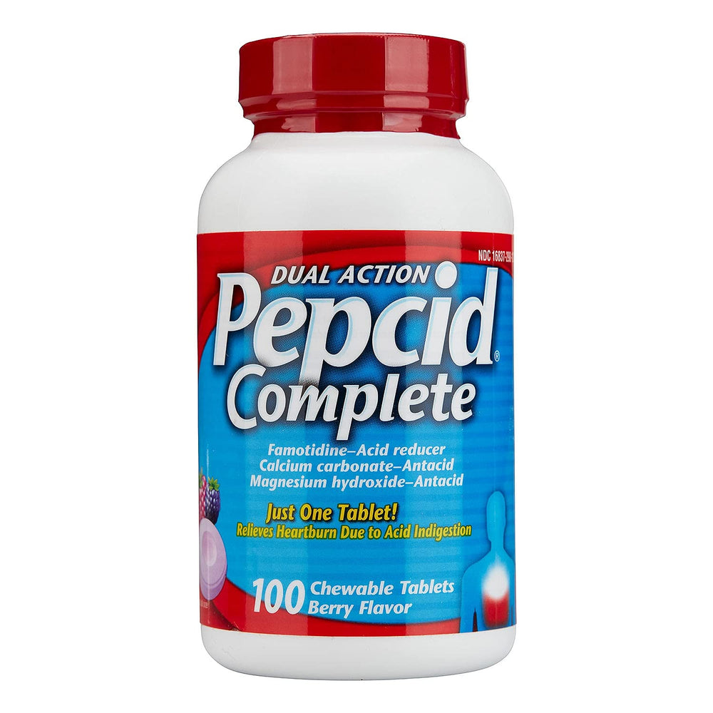 Pepcid Complete berry-chewables close-up, highlighting texture and flavor.