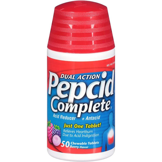 Pepcid Complete Berry Flavor chewable tablets provide fast heartburn relief and long-lasting acid reduction.