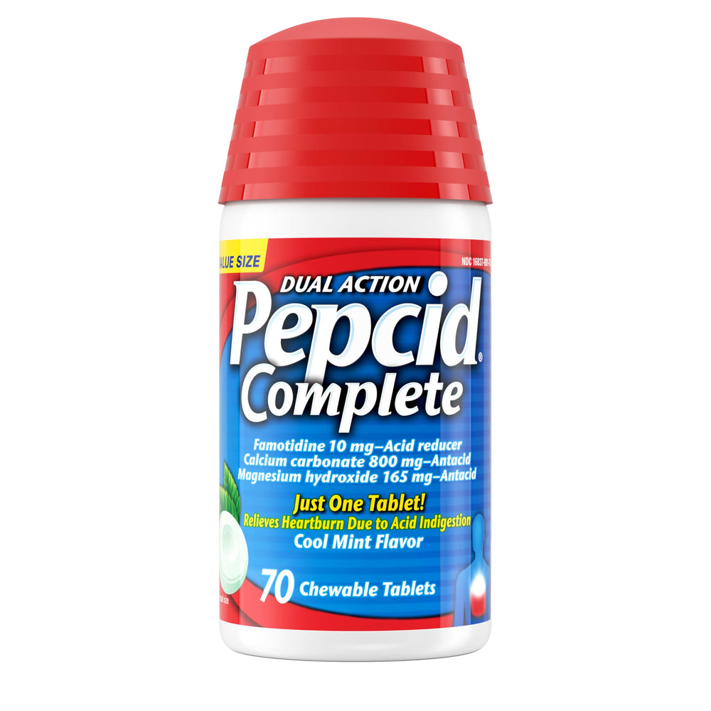 Pepcid Complete bottle front in mint flavor for fast heartburn relief.