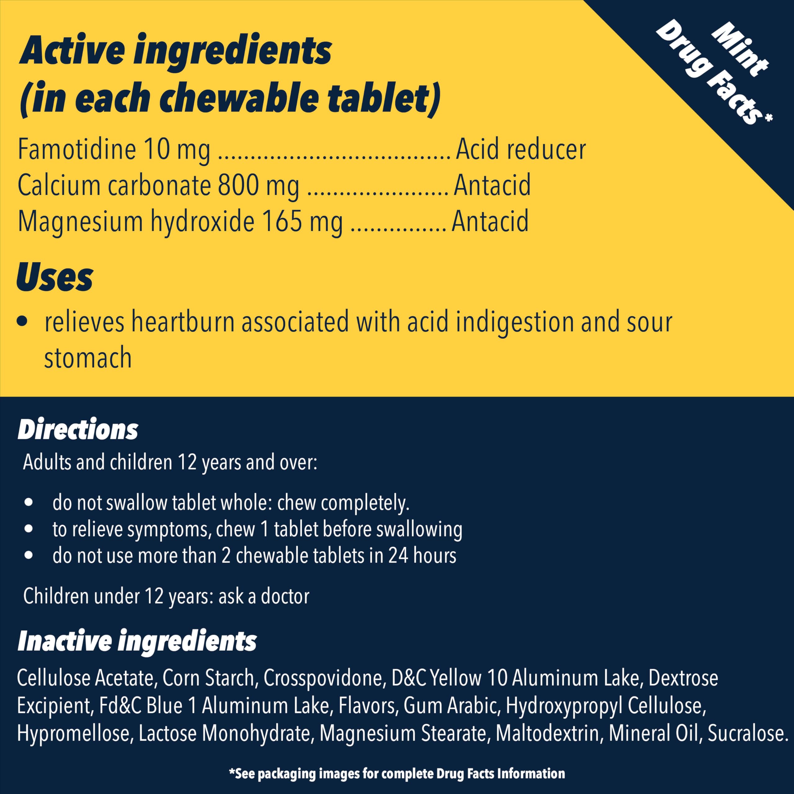 Label on Pepcid Complete showing famotidine and antacid ingredients.