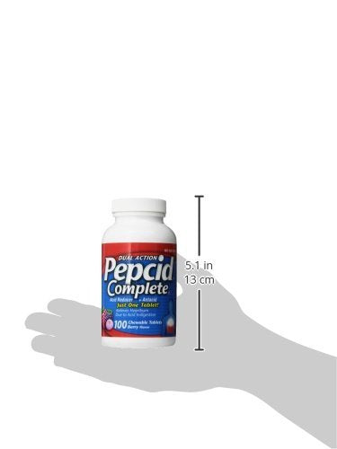 Pepcid Complete tablet close-up shows active ingredients and dosage.