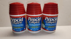 Pepcid Complete cool mint tablets in bottle offer heartburn relief after meals.