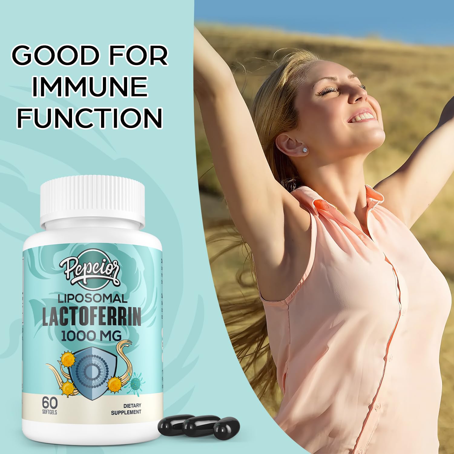 Pepeior liposomal lactoferrin label closeup reveals 1000 mg per softgel