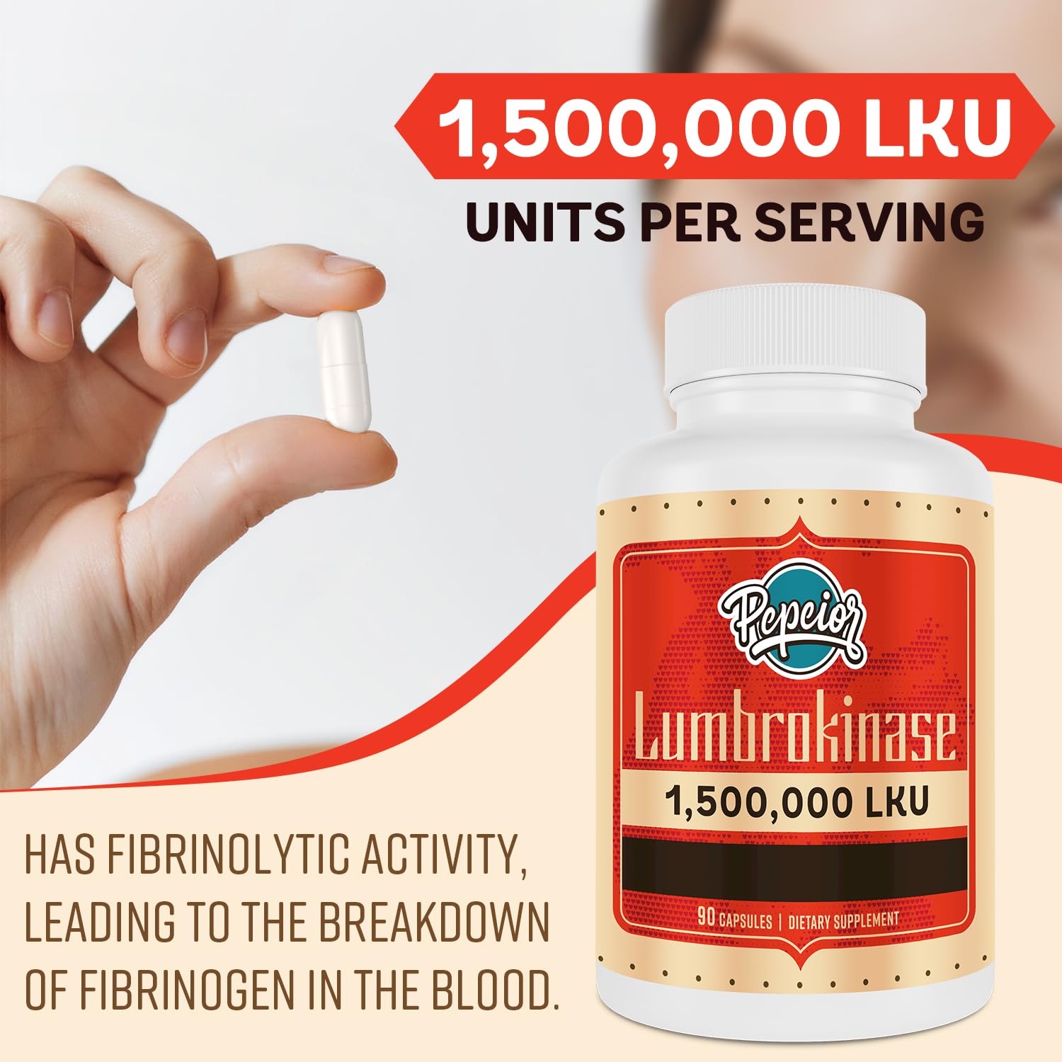 Pepeior Lumbrokinase label details displaying LKU activity information.