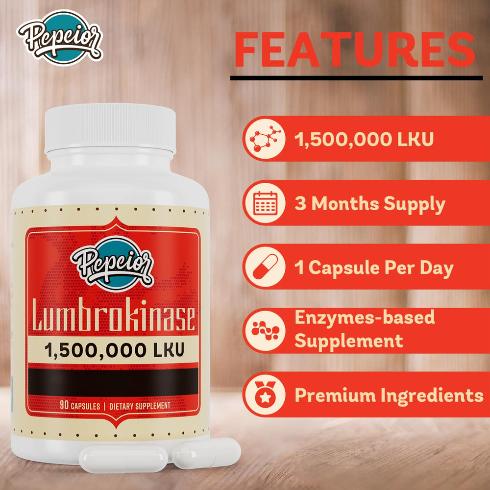 Pepeior Lumbrokinase packaging on countertop for daily use and convenience.