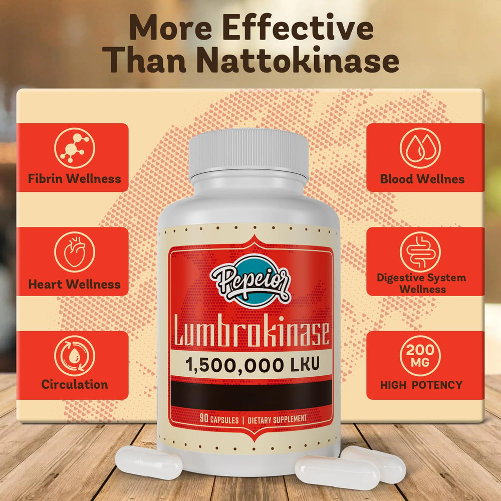 Pepeior Lumbrokinase serving-size visual emphasizing capsule form and dosage concept.
