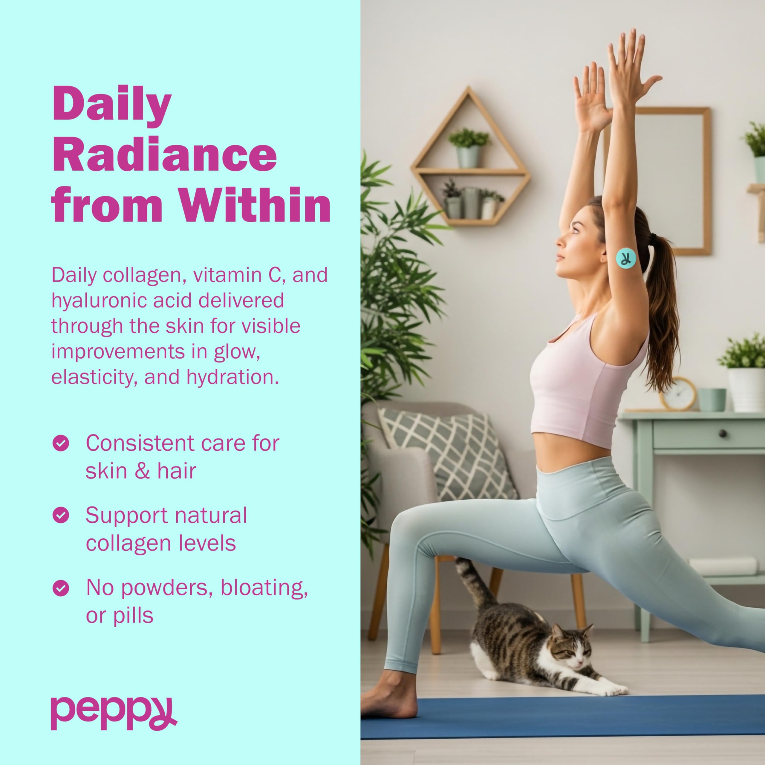 Peppy Glow Patches applied to clean skin for a daily self-care routine.