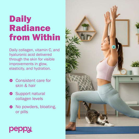 Peppy Glow Patches applied to clean skin for a daily self-care routine.