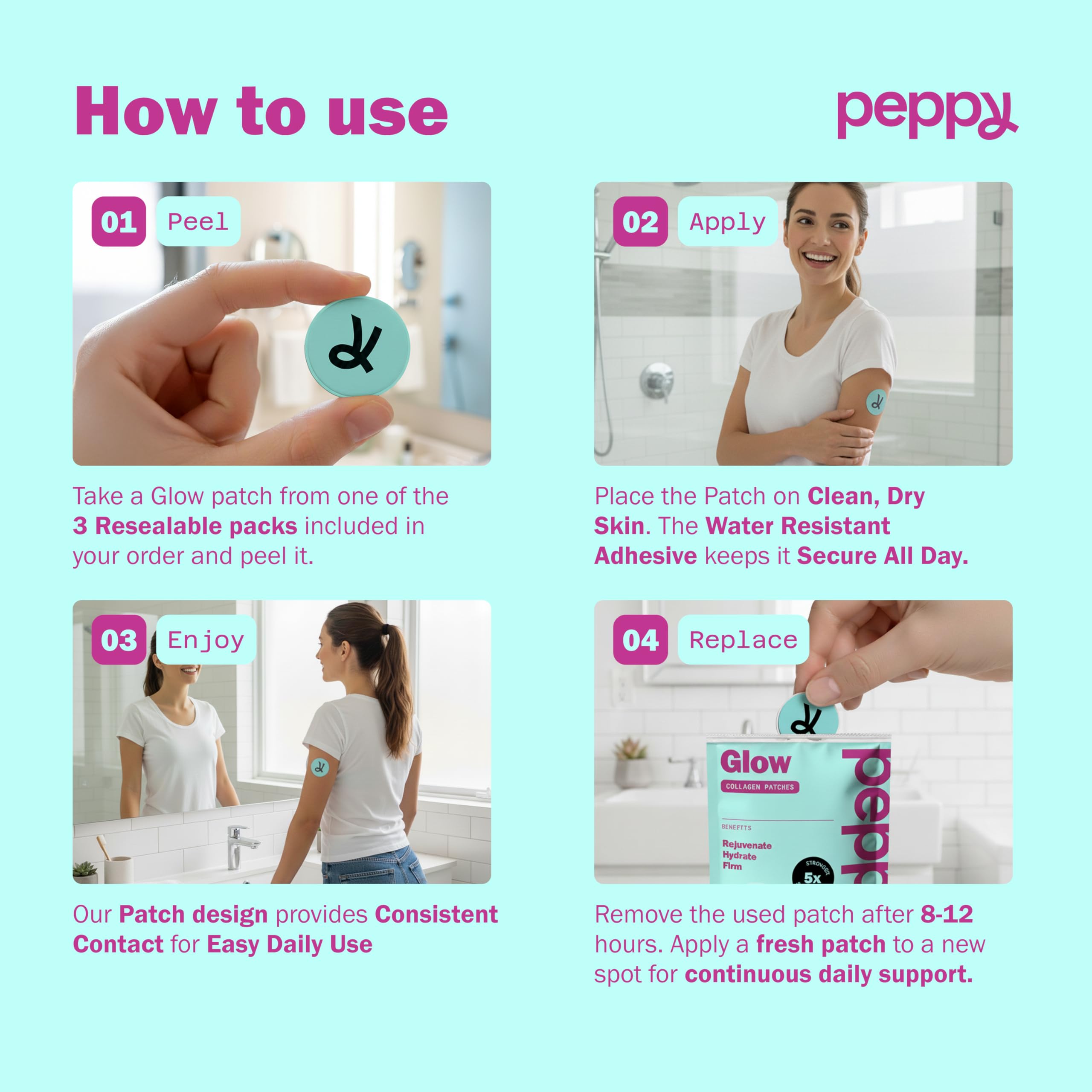 Peppy Glow Patches used during daytime on the face for a refreshed look.