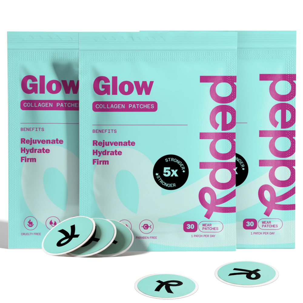 Peppy Glow Patches main pack shows three pouches offering a 90-day supply.