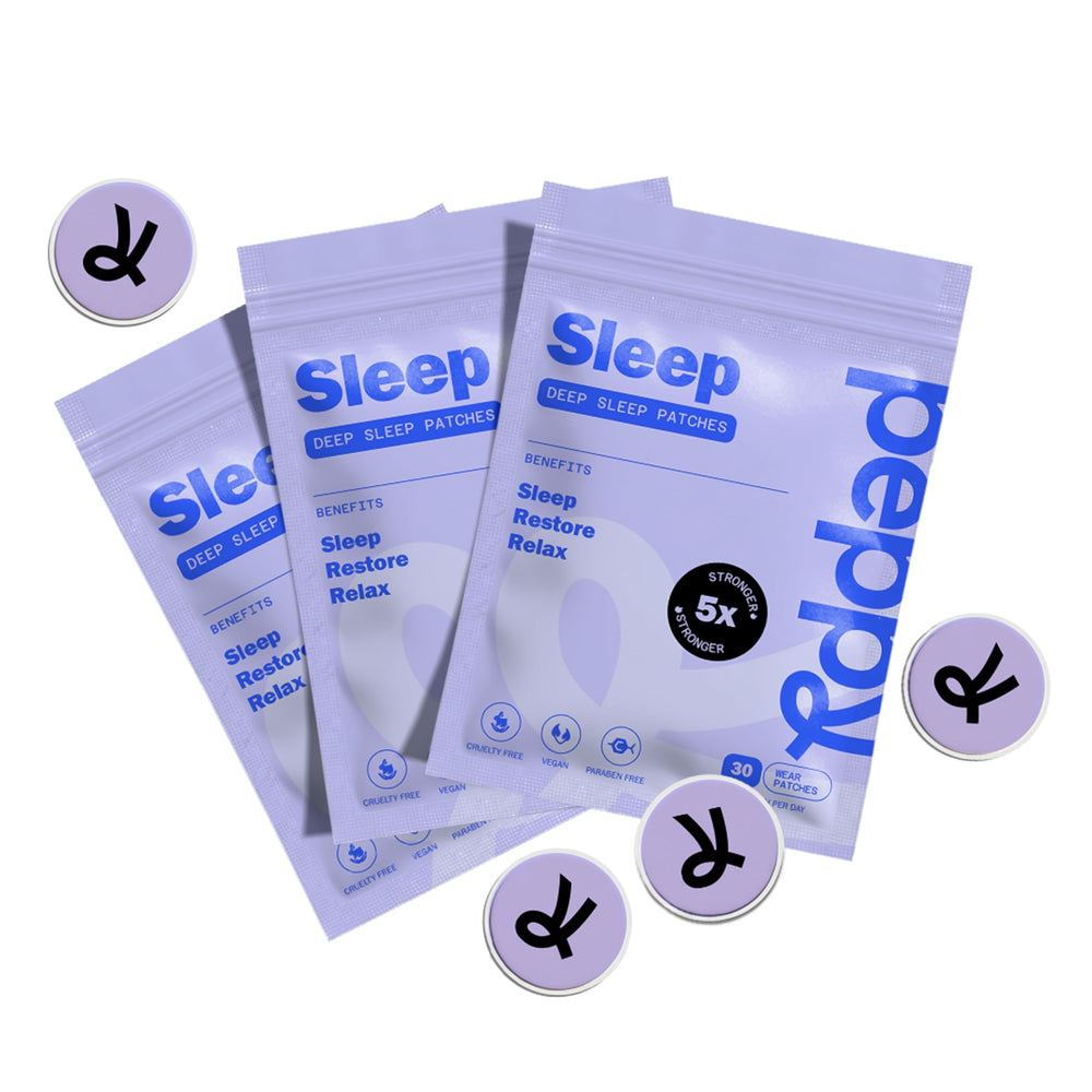Peppy Sleep Patches night use scene conveying calm wind-down routine after a long day