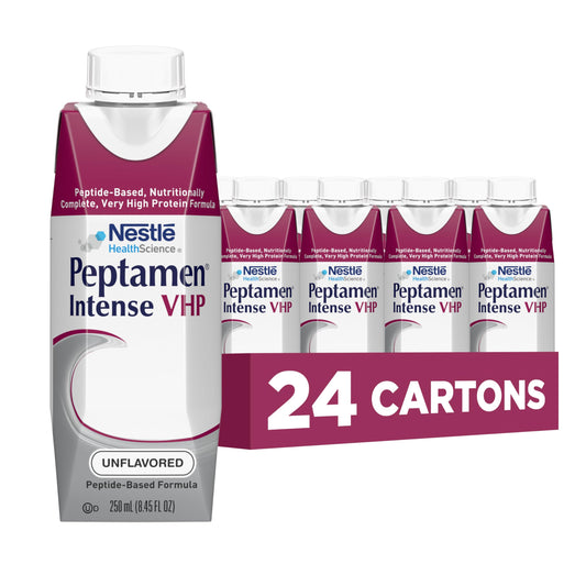 Peptamen Intense VHP bottle front view for high-protein tube feeding support.