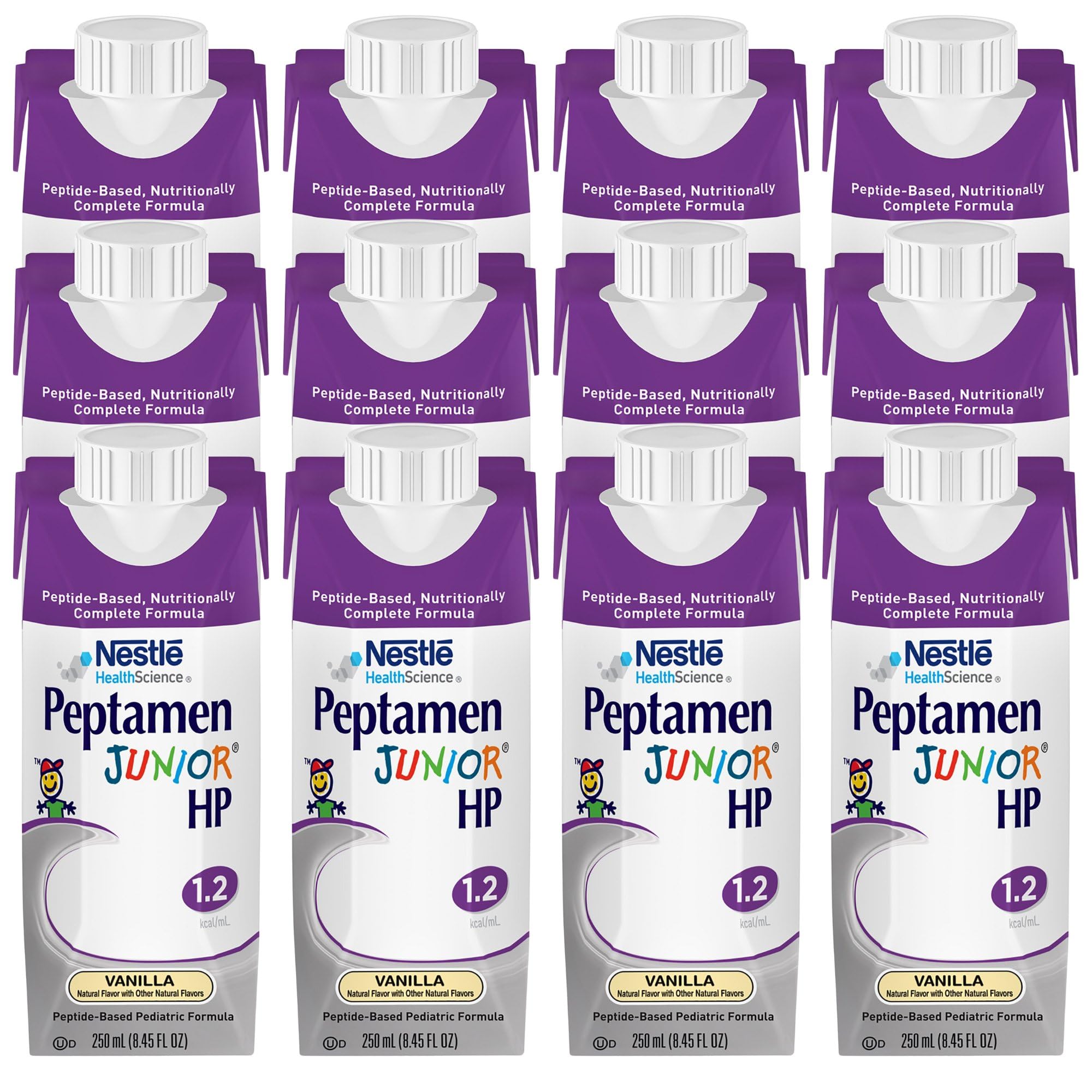 Peptamen Junior vanilla packaging emphasizes kid-friendly packaging and convenient 250 mL size
