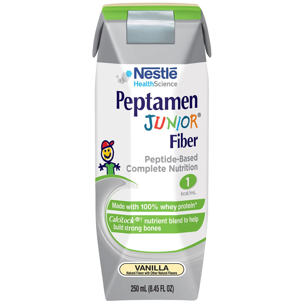 Peptamen Junior Fiber Vanilla carton front for daily pediatric nutrition, oral or tube use