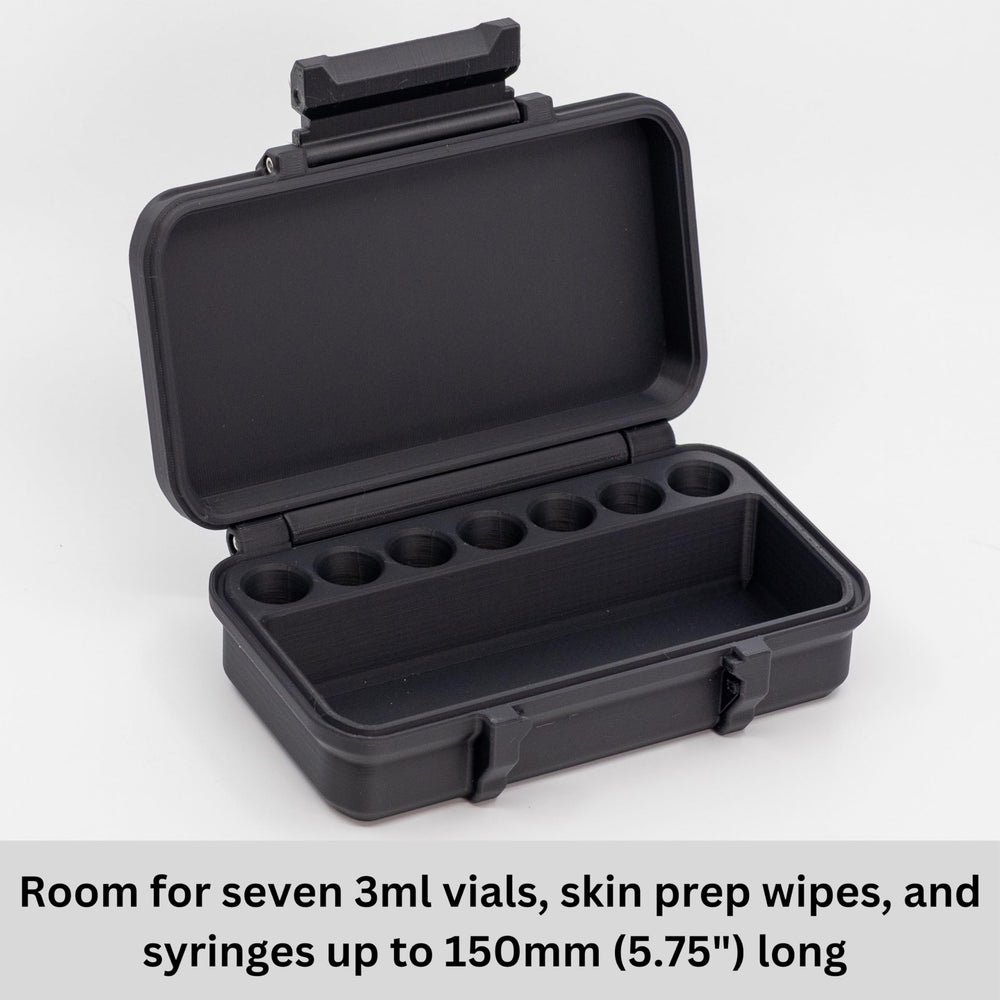 Peptide Case open inside reveals seven 3ml vials, syringes, and wipes neatly organized.