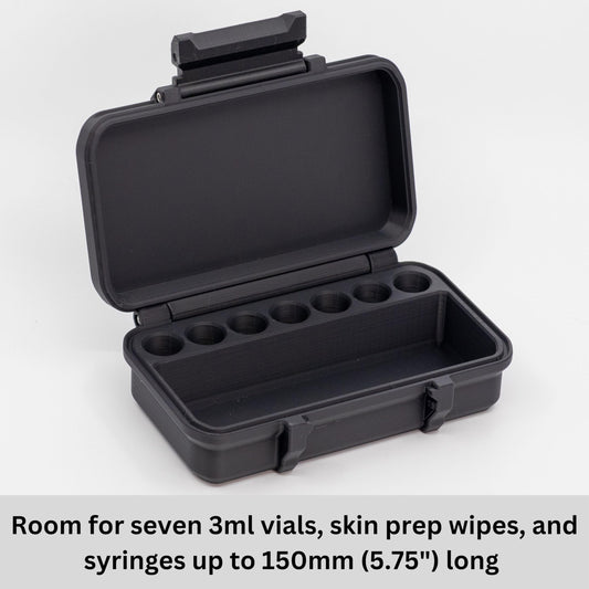 Peptide Case open inside reveals seven 3ml vials, syringes, and wipes neatly organized.