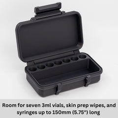 Peptide Case open inside reveals seven 3ml vials, syringes, and wipes neatly organized.