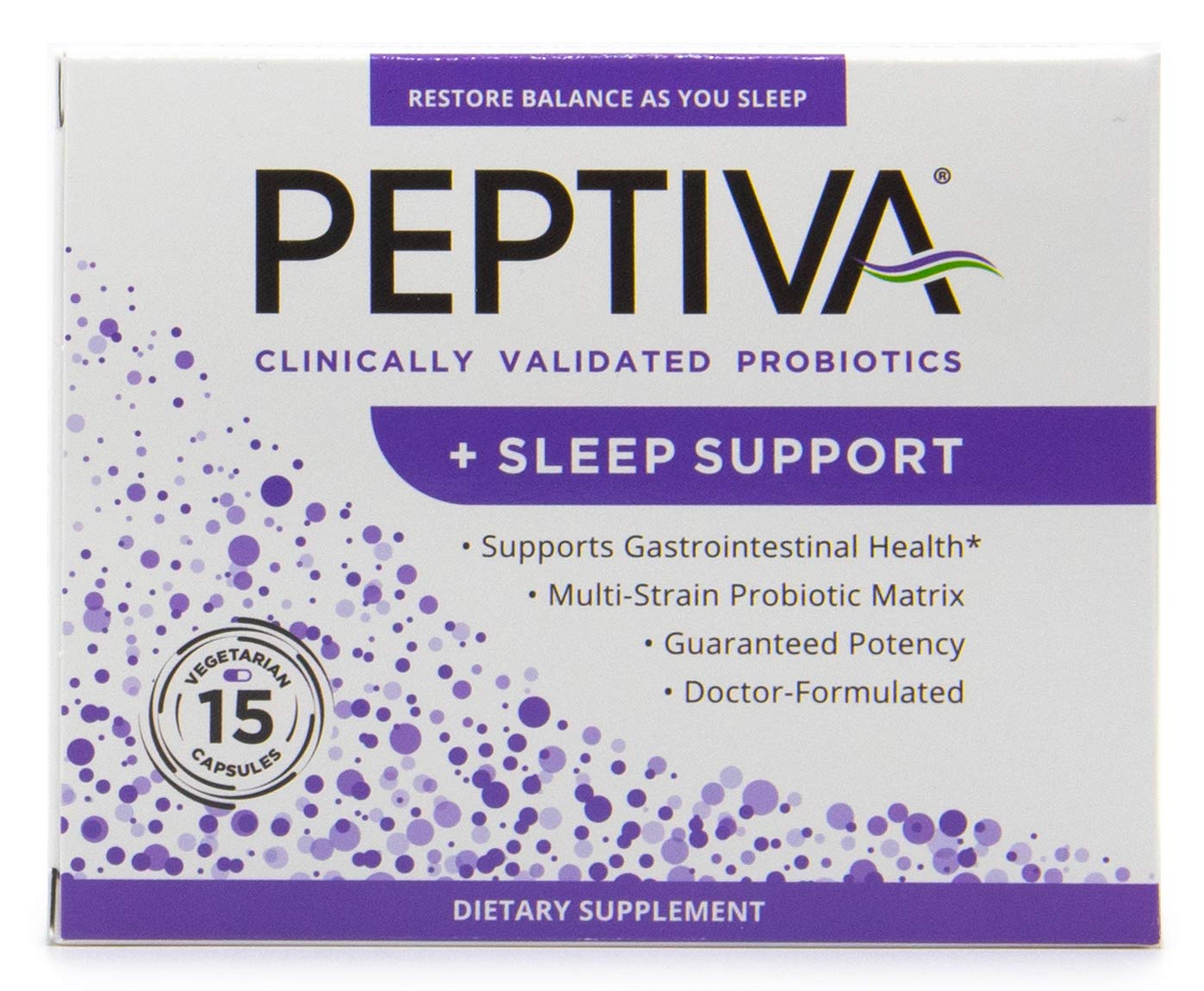 Peptiva bottle front view showing 26B CFU probiotic, supporting nighttime digestive balance