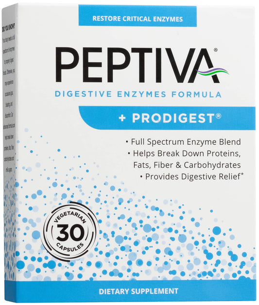 Peptiva Digestive Enzymes Prodigest bottle on kitchen counter for gut support