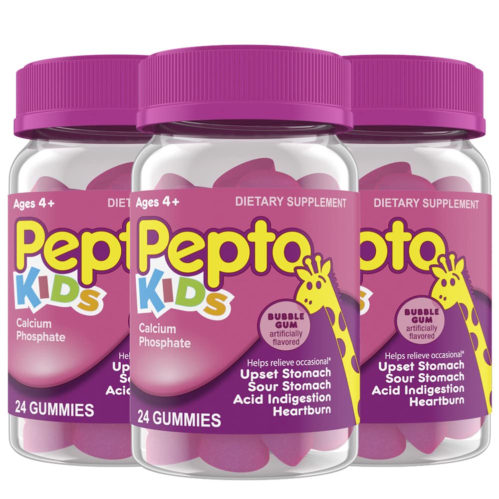 Pepto Kids Gummies bottle front with bubblegum flavor for tummy relief.
