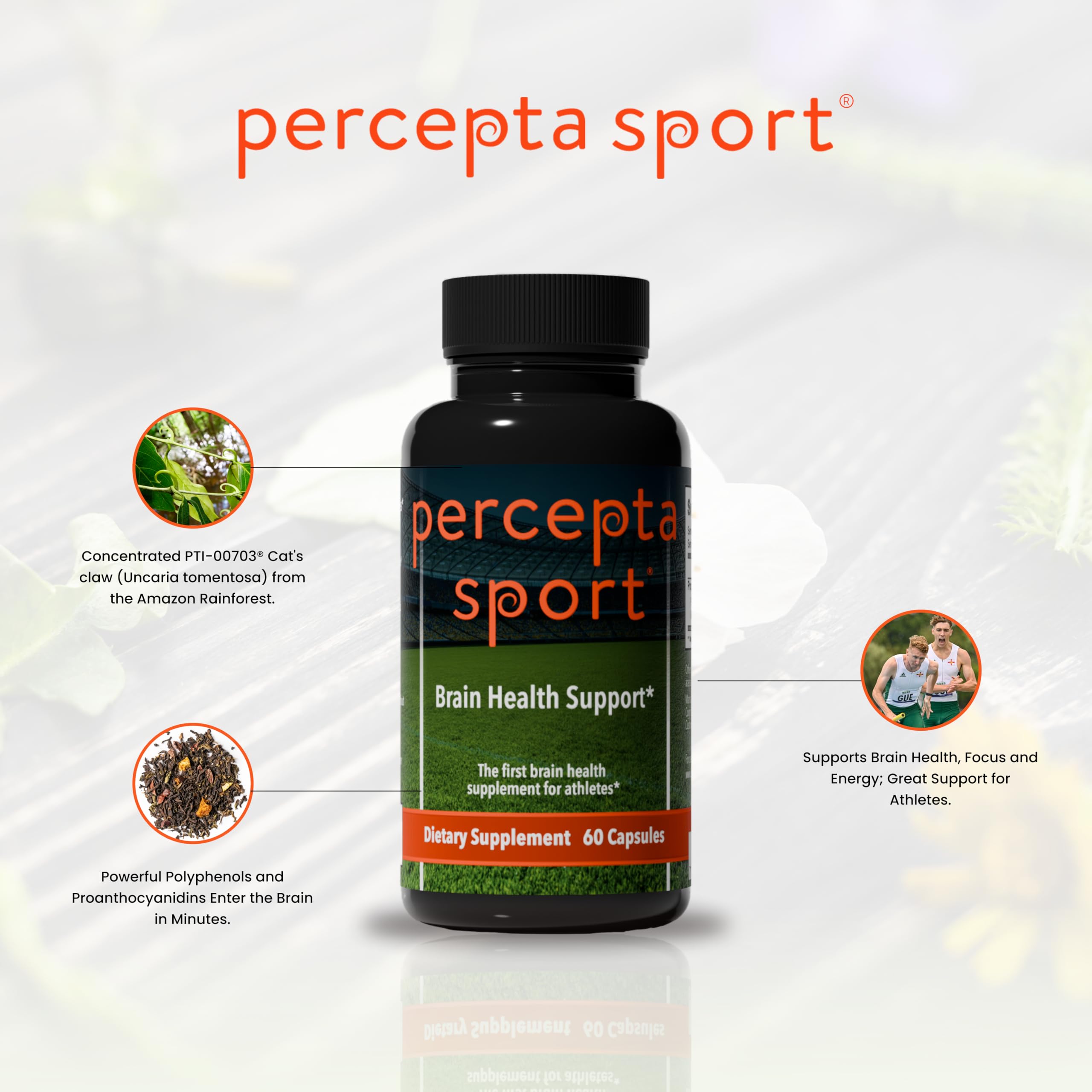 Percepta Sport powder-dispense shot illustrating convenient daily dose for busy athletes