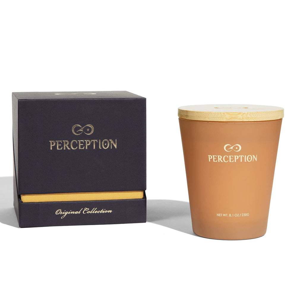 PERCEPTION AROMAS Sandalwood Thyme pack shot highlights premium soy wax and long burn