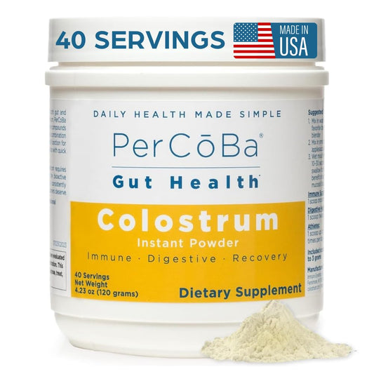 PERCOBA Colostrum Instant Powder bottle highlights first-milking purity for gut support.