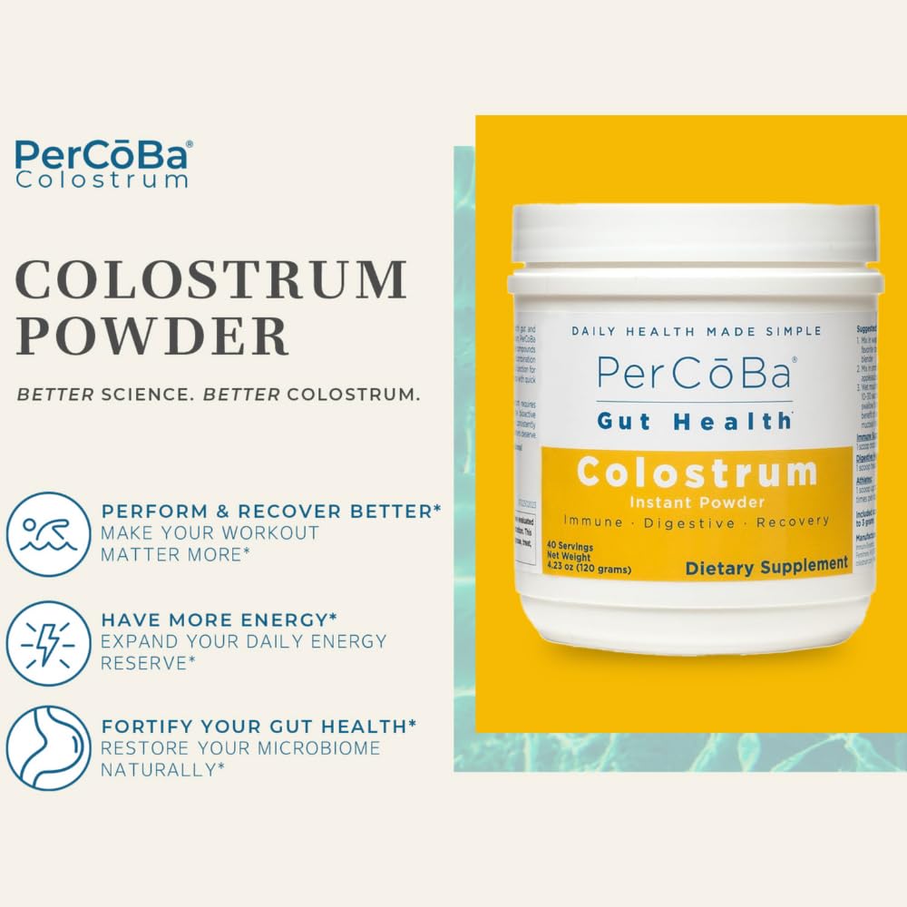 PERCOBA Colostrum powder scoop shows convenient daily serving for workouts and recovery.