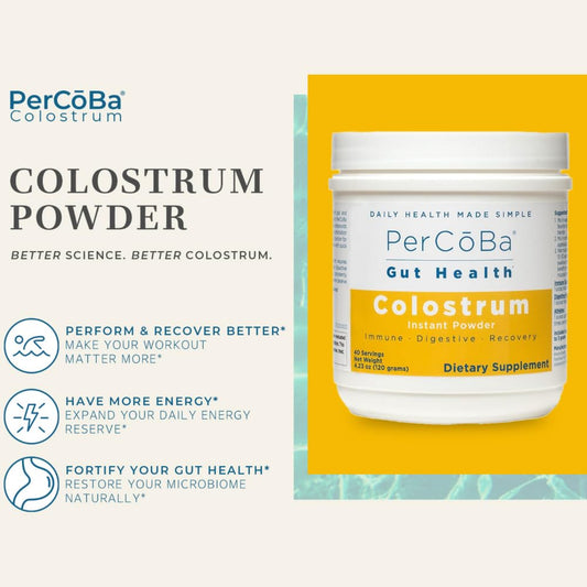 PERCOBA Colostrum powder scoop shows convenient daily serving for workouts and recovery.