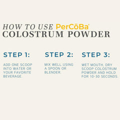 PERCOBA Colostrum powder tub highlights USA-made quality and purity.