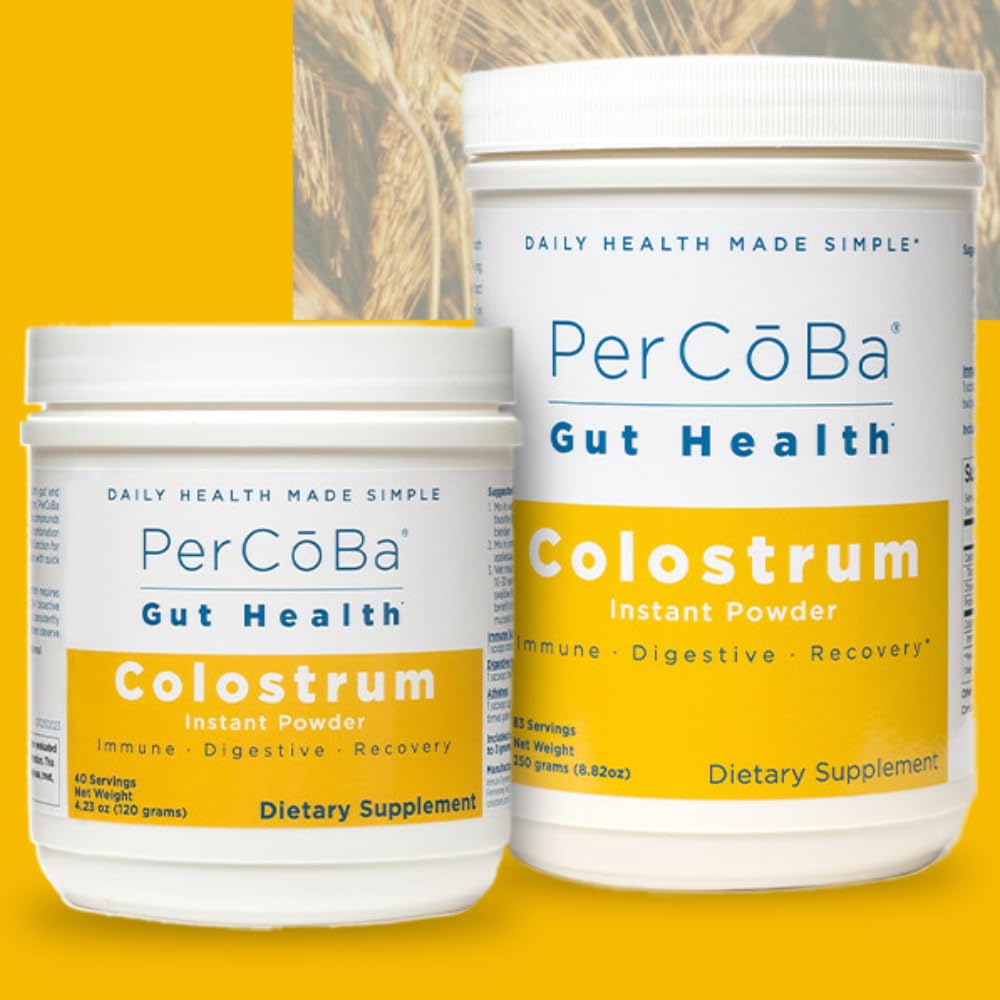 PERCOBA Colostrum serving glass shows quick mix for daily use.