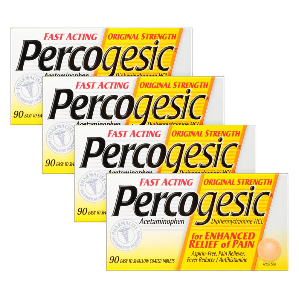Percogesic Original Strength tablets bottle front, aspirin-free relief option.