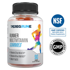 PEREGRUNE Runner Gummies bottle back label displaying ingredients and CoA-tested quality