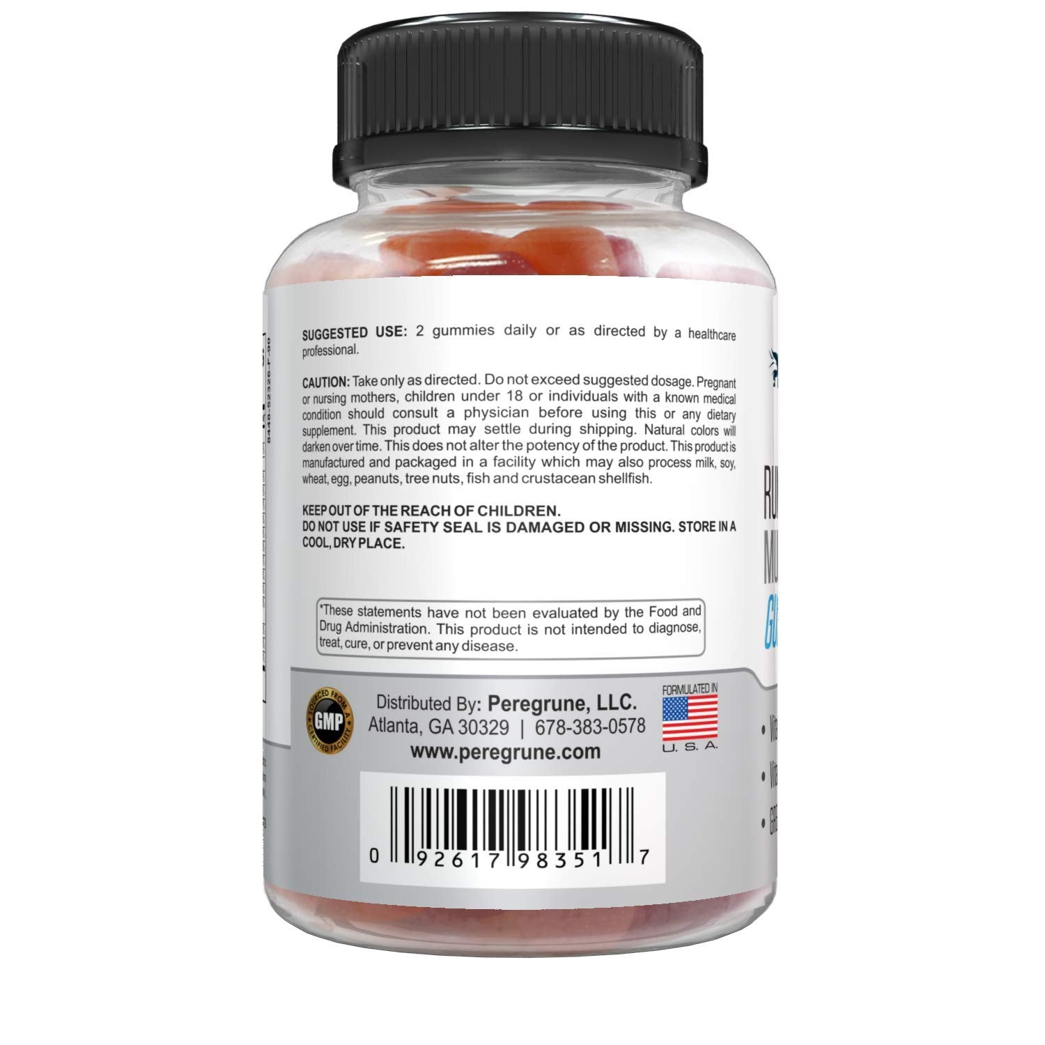 PEREGRUNE Runner Gummies COA label showing batch testing for identity and purity