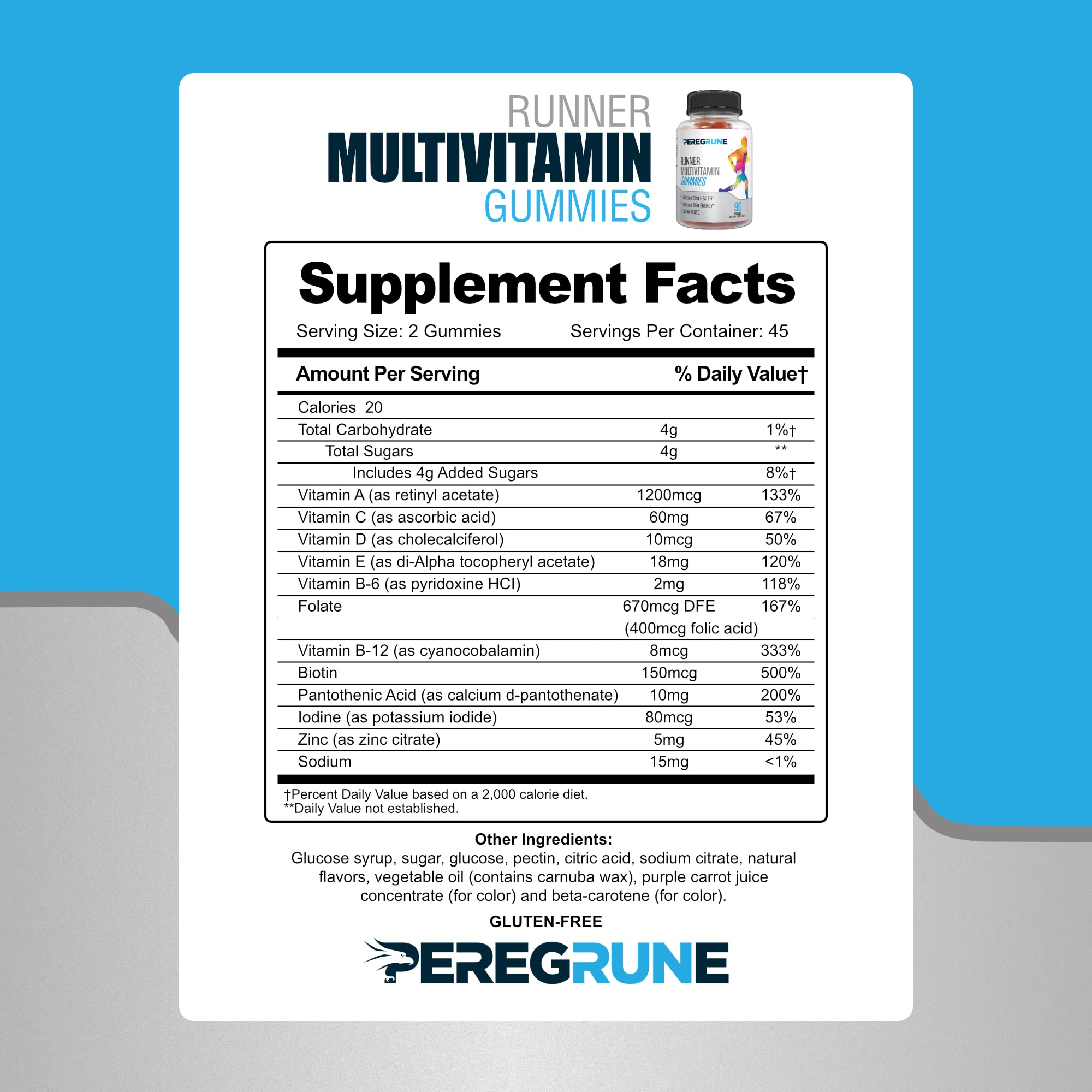 PEREGRUNE Runner Gummies ingredients panel listing vitamins A–E and zinc for daily energy