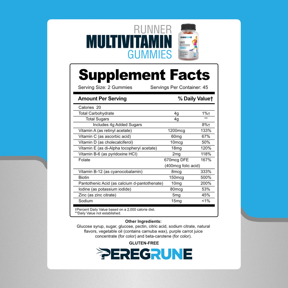 PEREGRUNE Runner Gummies ingredients panel listing vitamins A–E and zinc for daily energy