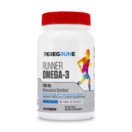 PEREGRUNE Runner Omega 3 bottle, dose-ready softgels for daily cardio support.